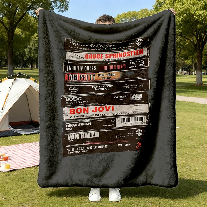 80's Rock Cassette Flannel Blanket Gift for Music Lover, Vintage Music Band Flannel Throw, Retro Cassette Tapes Cozy