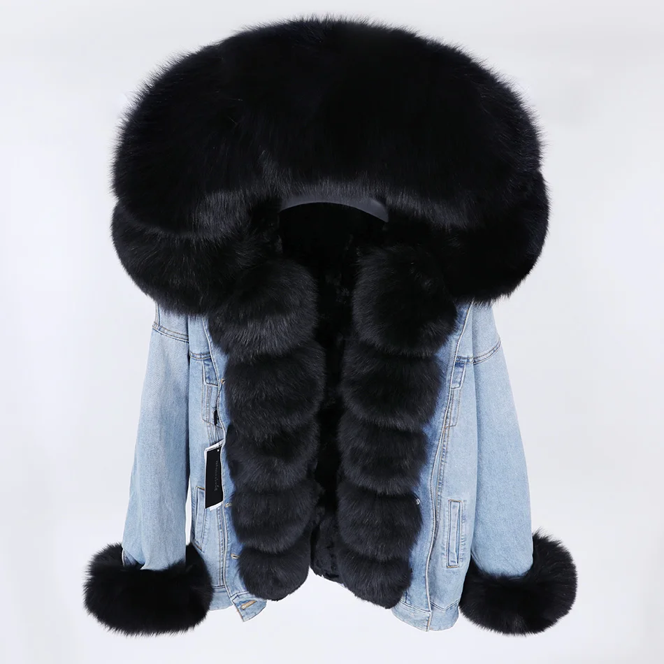 winter denim jacket with large fur collar made of natural fox fur, loose, stylish, warm and removable rabbit fur lini