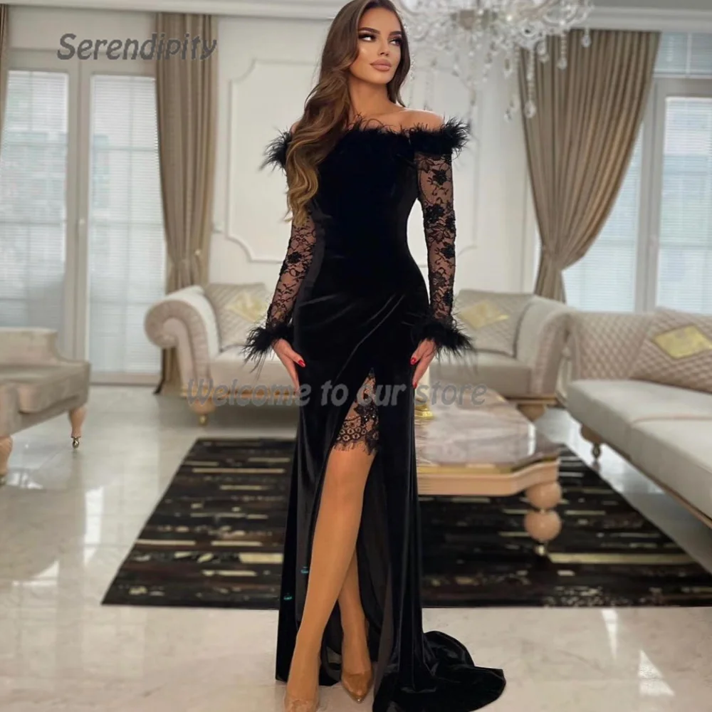 

Serendipity Trumpet Ladies Evening Dresses فساتين سهرة Elegant Lace Feathers High Split Arabia Cocktail Party Women 2024