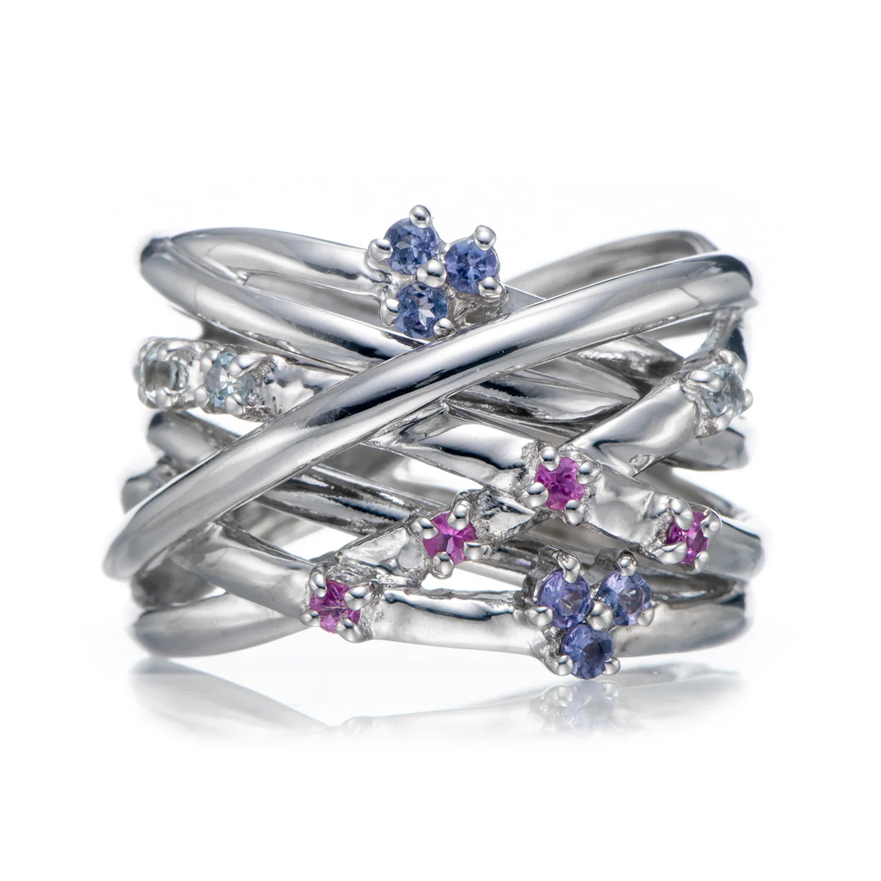 Tanzanite and Multi Tourmaline Rhodium Over Sterling Silver Ring