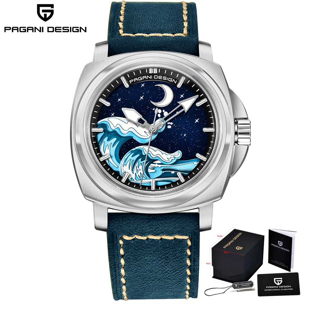 PAGANI DESIGN automatische mechanische Herren-Armbanduhr TMI NH35A, Saphirglas, Wellen und Mondglanz, C3-Lumen-Zifferblatt PDYS014 6