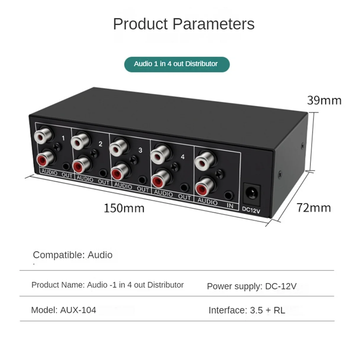 HOT Audio Splitter 1 in 4 Out RCA L/R Aux Stereo Audio Splitter 1X4 Audio Distributor for PC DVD Speaker Splitte, US Plug