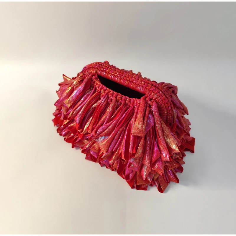 Quasten-Handtasche mit Obergriff, Bunte Fransen-Häkel-Clutch, Modische Abendtasche für Hochzeiten, Cocktailpartys, Abschlussbälle und Events – Detail 13