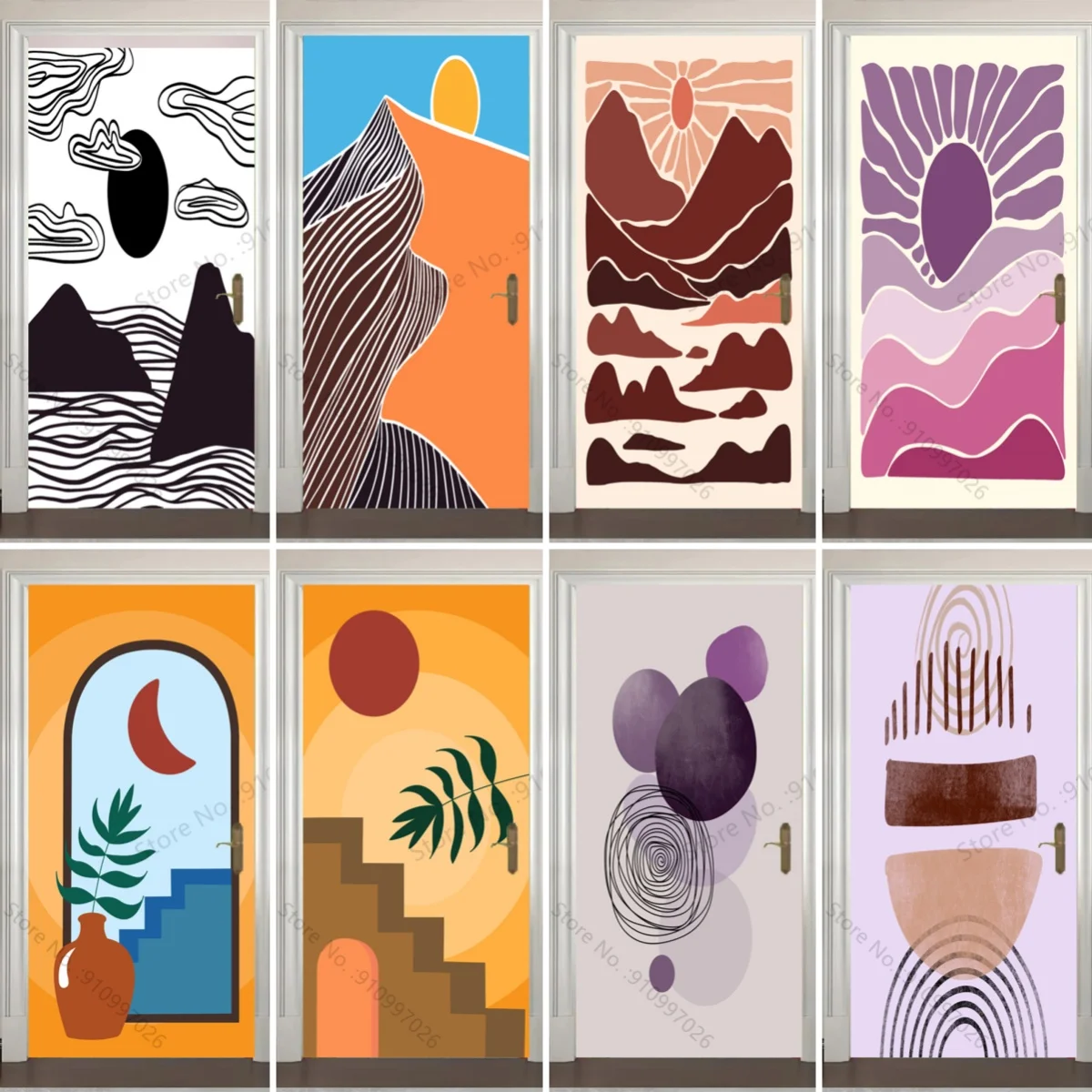 Removable Sunset Sunrise Handmade 3D Door Sticker Wallpaper Vinyl Decal Boho Art Door Decor Sticker Wallpaper Peel And Stick