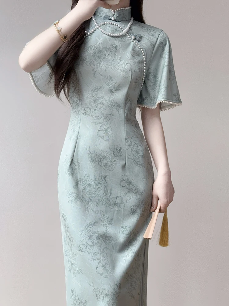 

Ting Yue Ling New Chinese Sle Young Girl Workwear Dr Improved Summer Ele round Collar ort Sve Midi Dr