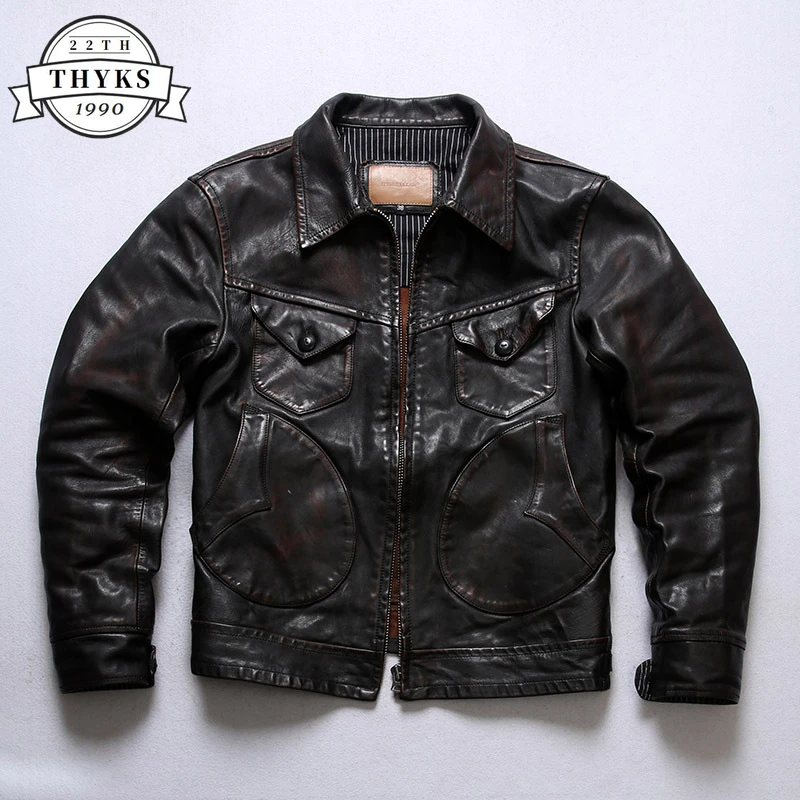 Men's Genuine Leather Jacket Short Slim Luxury Vintage Classic Cowboy Motorcycle Coats Casual Male Flight Chaqueta Cuero Hombre