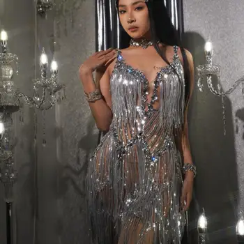 שמלות פרינג'ים מבריקות עם אבני חן לנשים, תחפושת ריקוד משגעת לביצועים במועדון