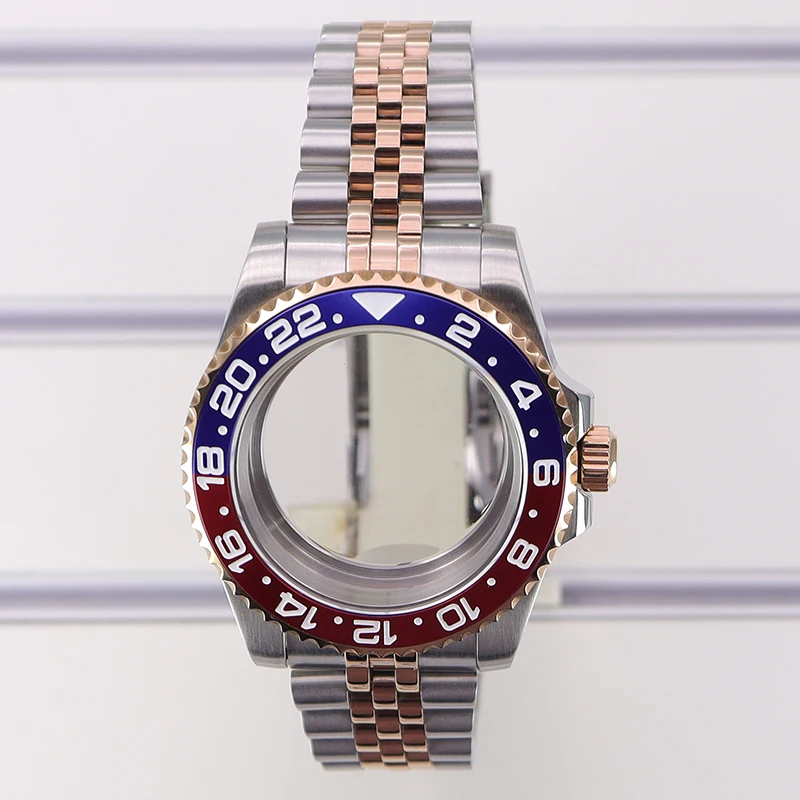 

40mm Watch Case bracelet Slide Buckle Sapphire Glass 120 clicks Blue Red bezel For Nh35 Nh36 Nh34/38 Eta2824 Miyota8215 Movt GMT
