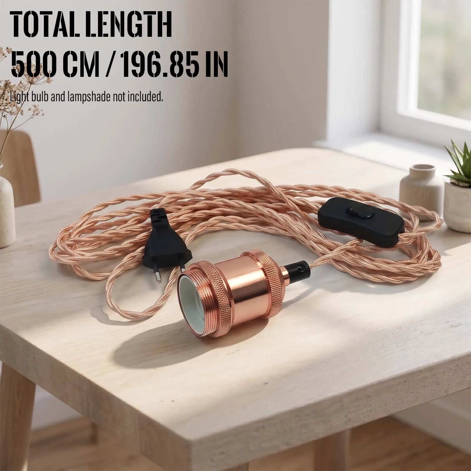 Hanging Lamp Cord, Rose Gold Woven Fabric Wire, Threaded E27 Holder, Rocker Switch, EU Plug, Boho, Vanity
