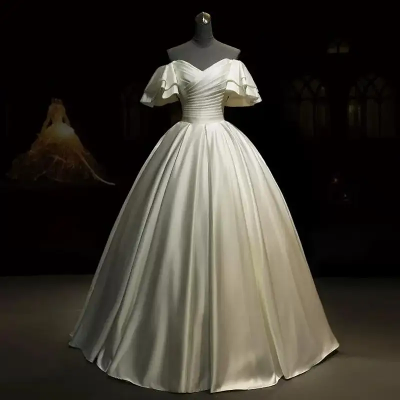

Elegant Satin wedding Dress Women Off the Shoulder short-sleeve Prom Dress White Wedding Party formal dress Customized Plus Size