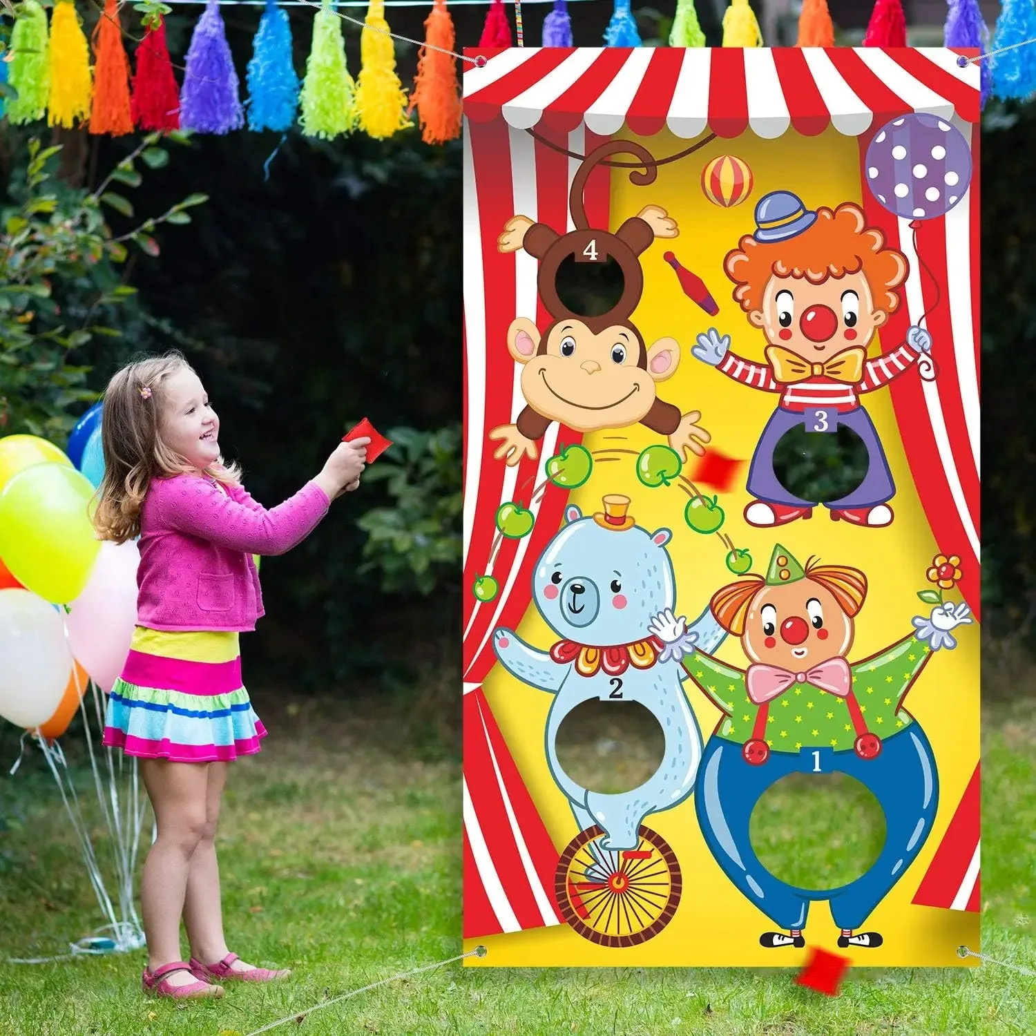Kids Outdoor Bean Bag - ป้ายเกมโยนถุงถั่วรูปลิงหมีตัวตลกในคณะละครสัตว์, กระดานโยนสำหรับงานรื่นเริง เหมาะสำหรับงานวันเกิดเด็ก ปาร์ตี้กลางแจ้ง อุปกรณ์สำหรับเกมส์