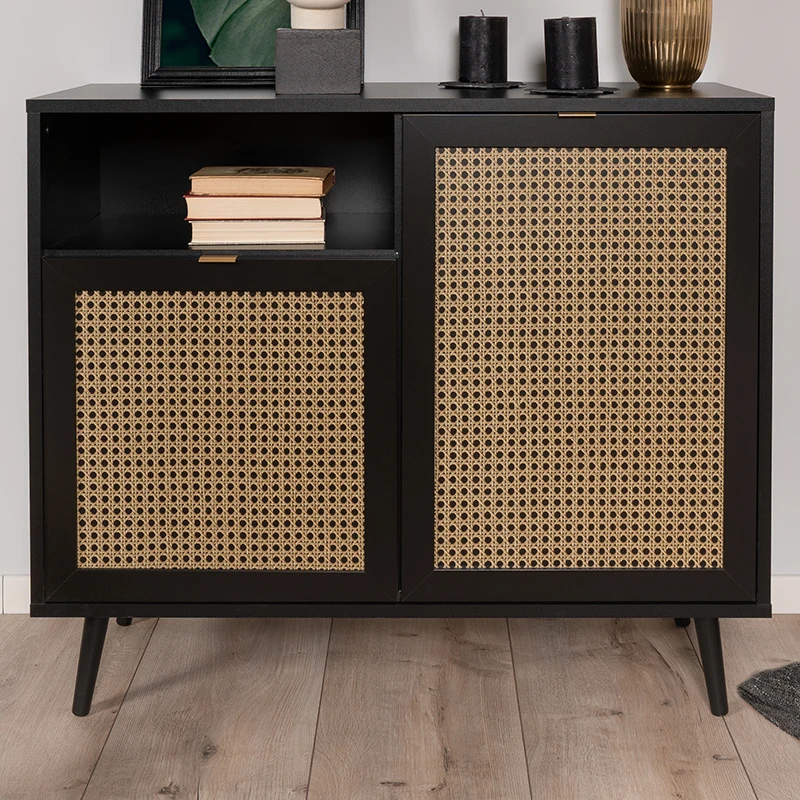 3-deurs zwart hout moderne luxe rotan dressoir buffetkast huishoudmeubilair