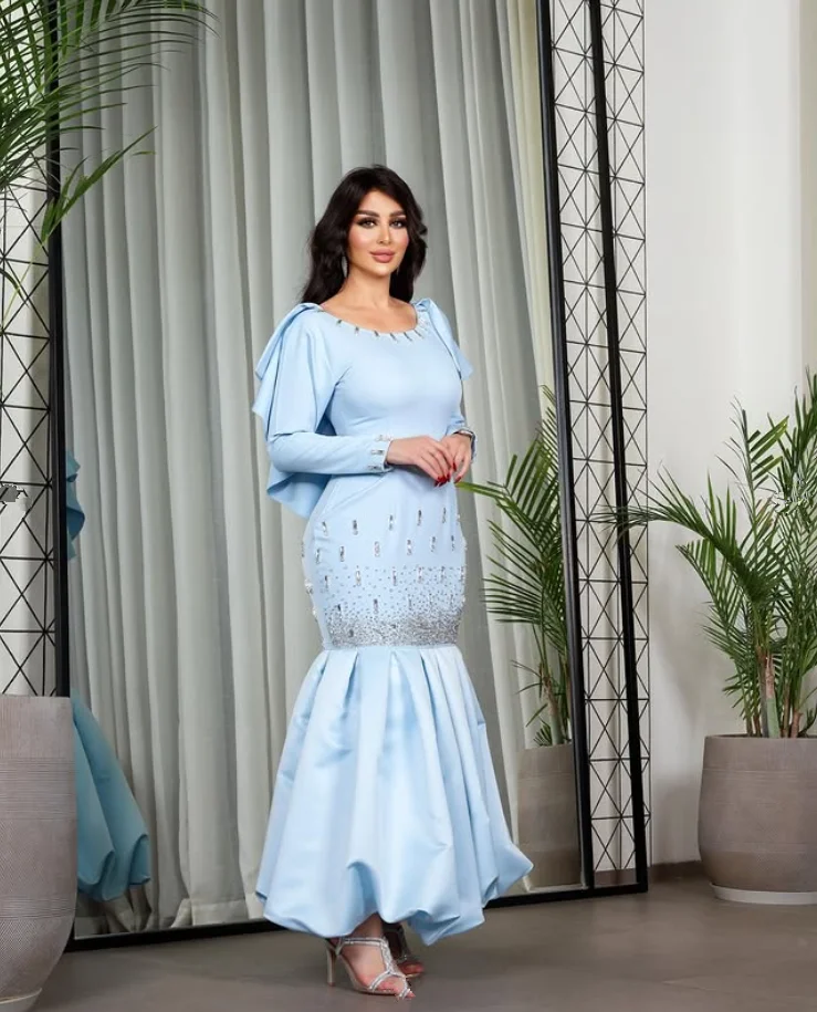 Sky Blue Mermaid Evening Formal Dresses Long Sleeve Crystal Beaded Cloud Customized Jersey Saudi Prom Gown  Exquisite Modern