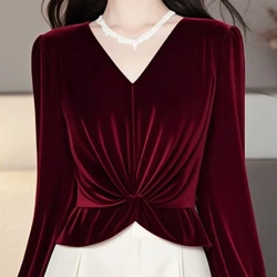 Flattering Solid Color Pullover Lantern Long Sleeve Spring Autumn V-Neck Satin Elegant Women's Clothing T-Shirts All-match Tops