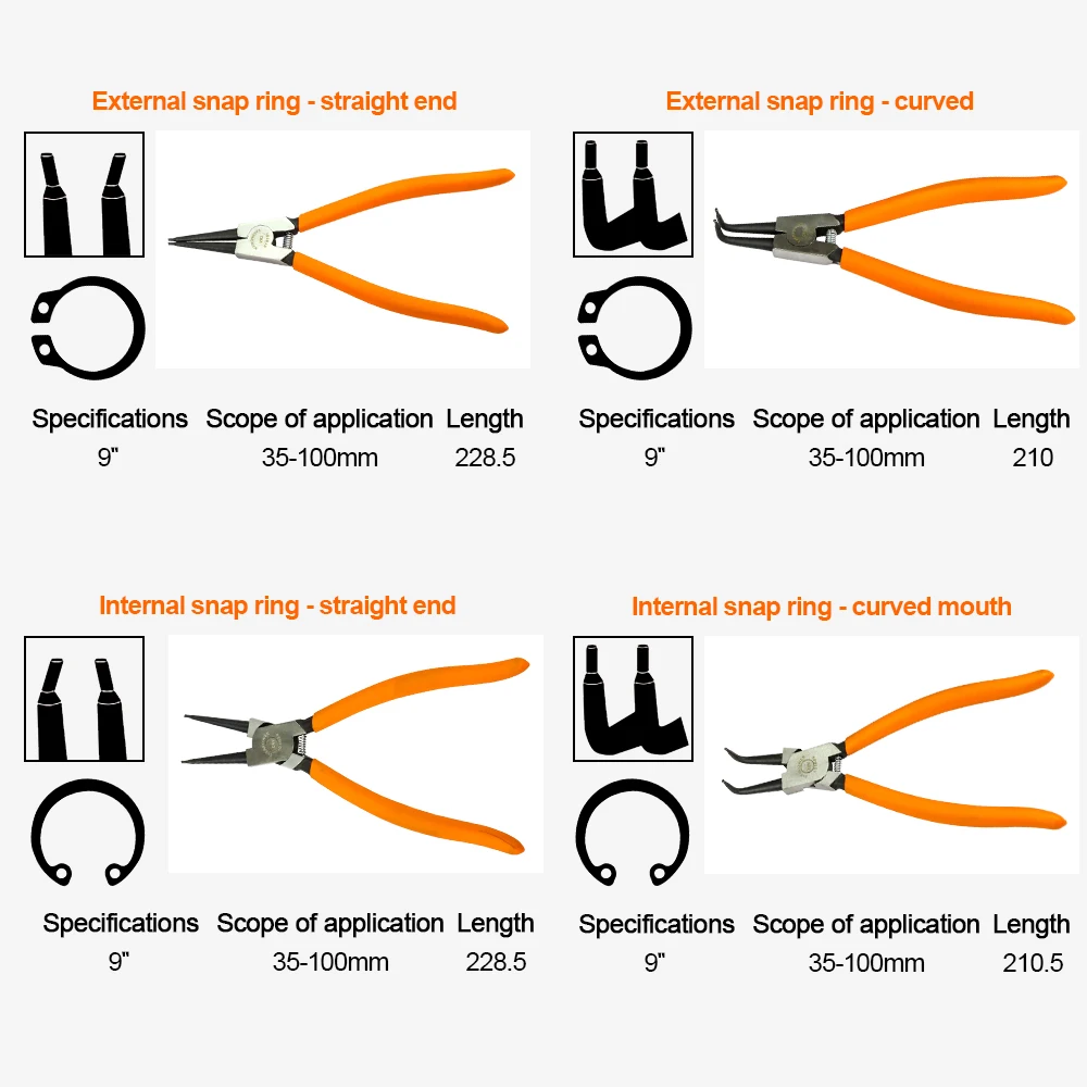 NINDEJIN 4pcs external internal circlip plier set 9 inch Cr-V snap ring C clip plier set retaining ring pliers set