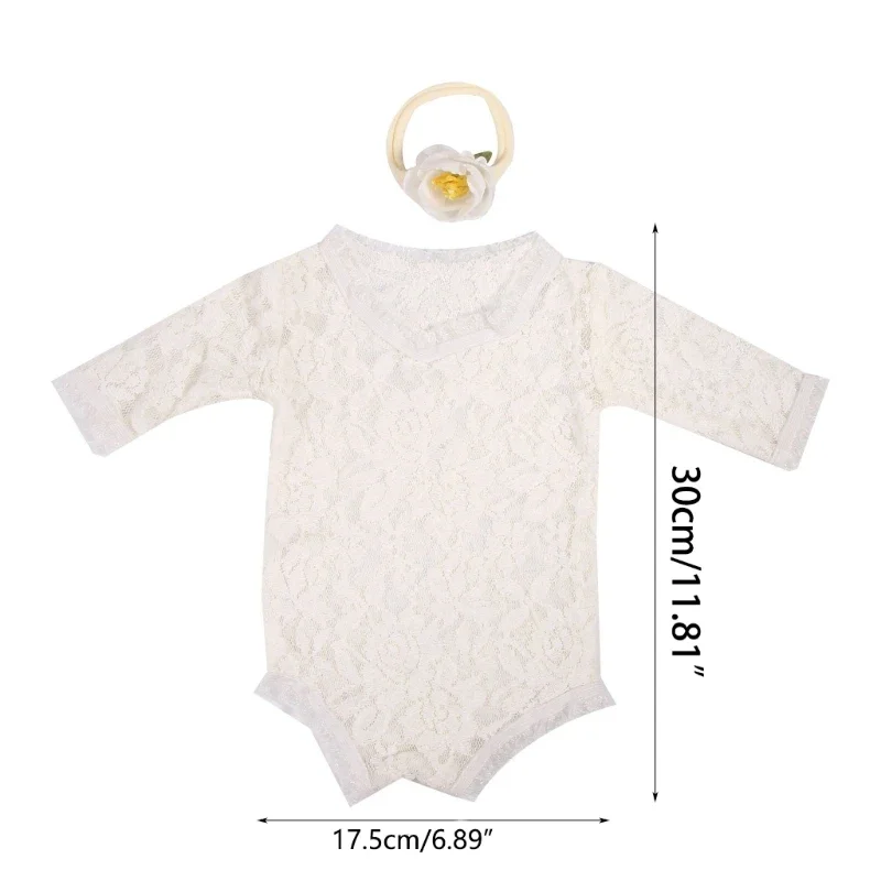 Newborn Photo Props Flower Headband & Lace Jumpsuit Baby Girls Photography Clothes Headdress Long Sleeved Romper for Newborns