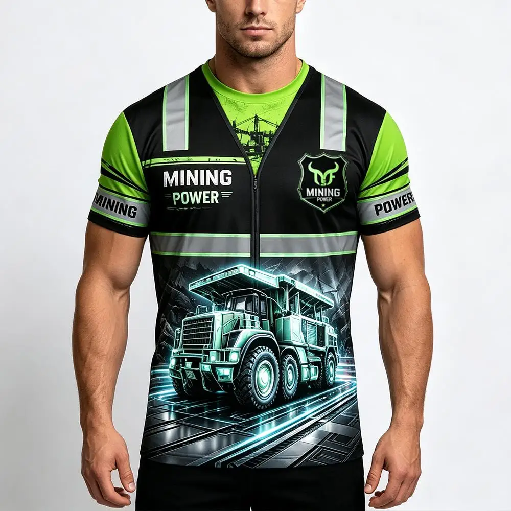 Men's Mining Division Safety Work Uniform Fashion Dump Truck Graphic Tops Outdoor Breathable Casual Classic Crew Neck T-shirt