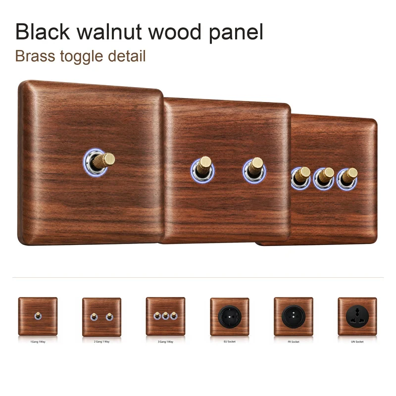 Walnut Wood Wall Toggle Switch Brass Lever 1 2 3 4 Gang 1 Way 2 Way EU FR UN Power Socket TV Network Outlet 86 Type Panel