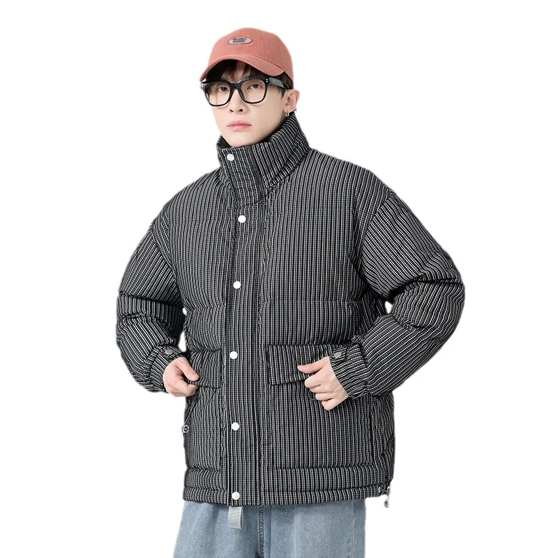 Outdoor strap-type 90 velvet high-end striped down jacket men winter seasonal collar tide brand warm mountaineering youth coat.