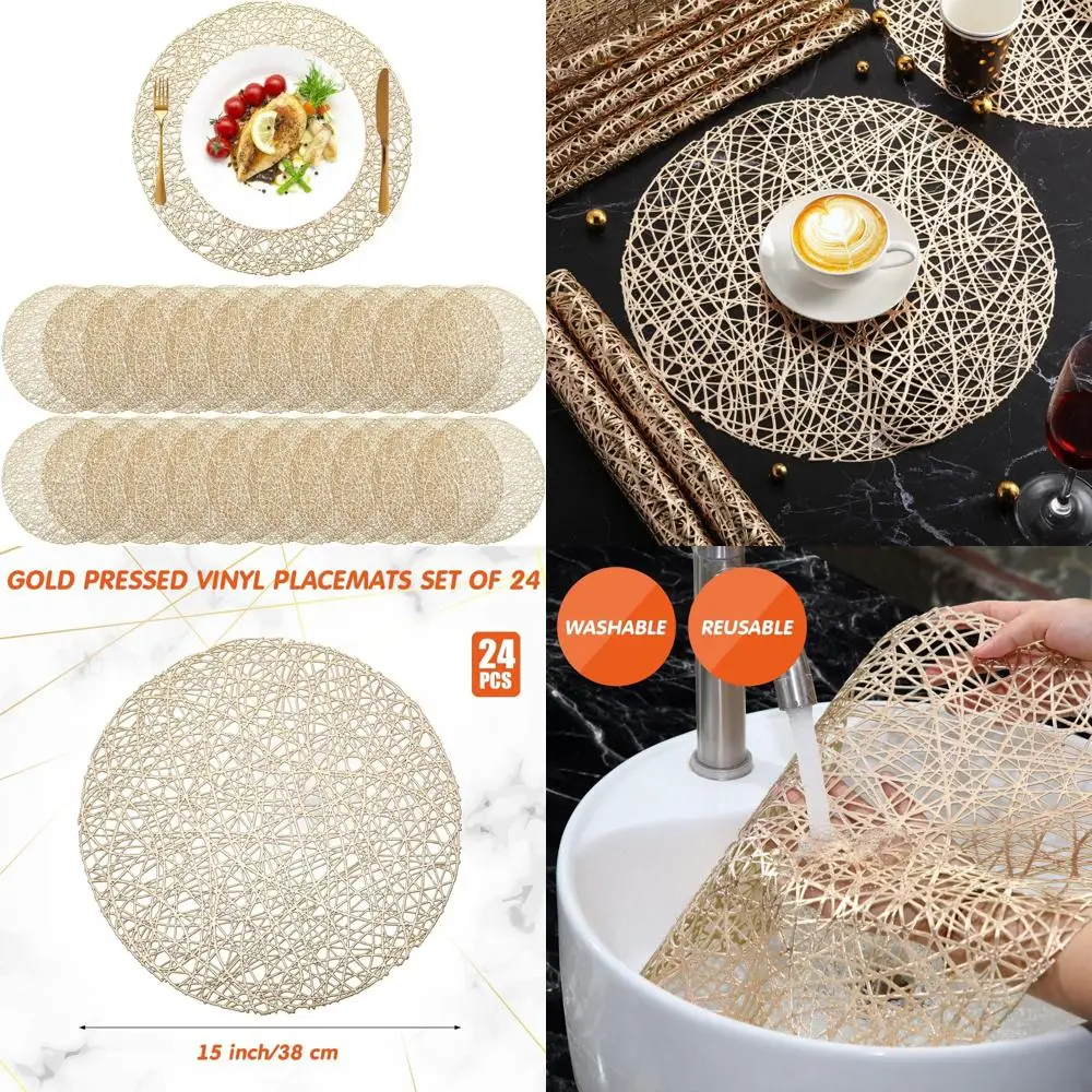 

24 Packs Gold Round Placemats 15 Inch Hollow Out Pressed Vinyl Place Mats Heat Resistant Woven Gold Placemats for Christmas Din