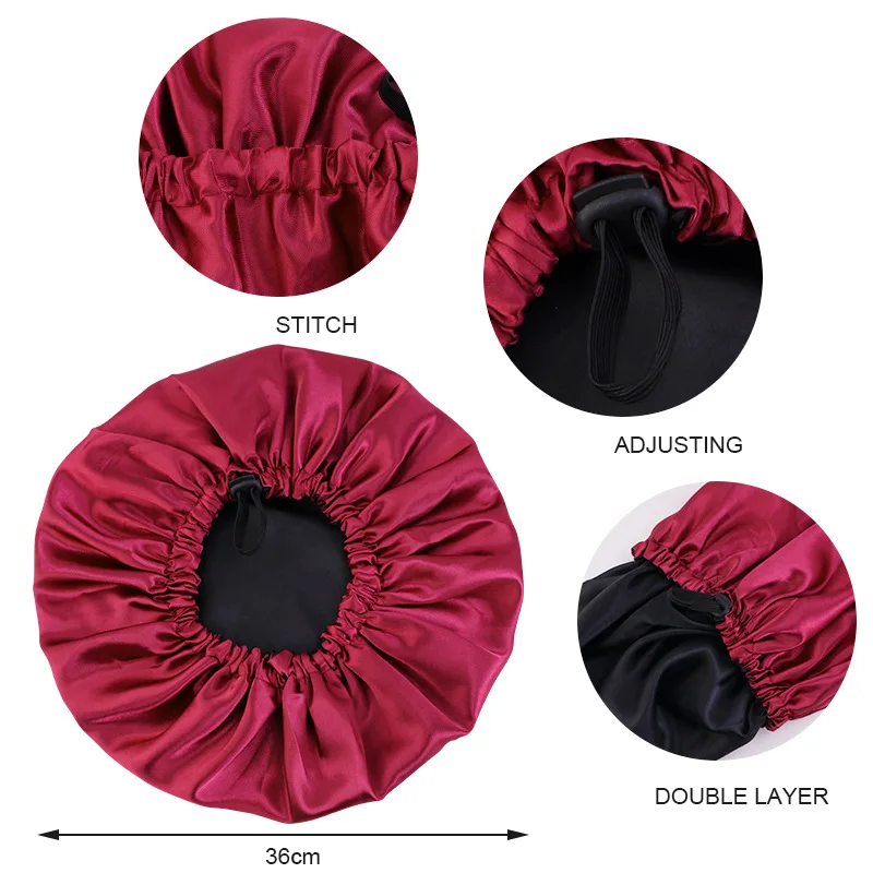 Women Night Sleep Hair Caps Silky Bonnet Satin Double Layer Adjust Head Cover Hat For Curly Springy Hair Styling Accessories