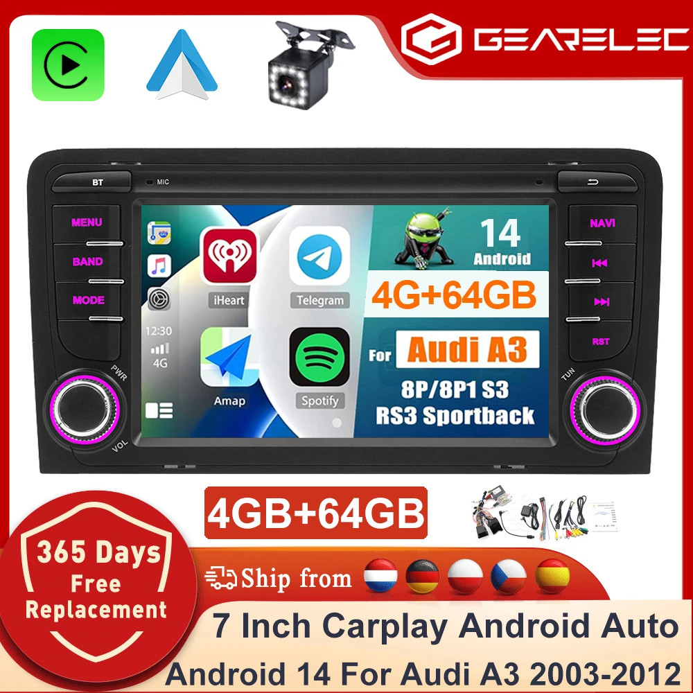 GEARELEC Android 14 Autoradio für Audi A3 2003-2012 7 " Kabelloses CarPlay Auto-Multimediaplayer Android Auto Autoradio GPS Stereo