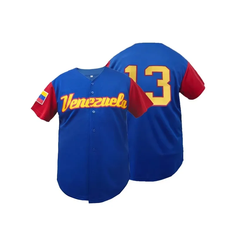 

Мужской # 13, бейсбольный трикотаж с цветными блоками Венесуэлы, классическая дышащая спортивная футболка с вышивкой букв и короткими рукавами