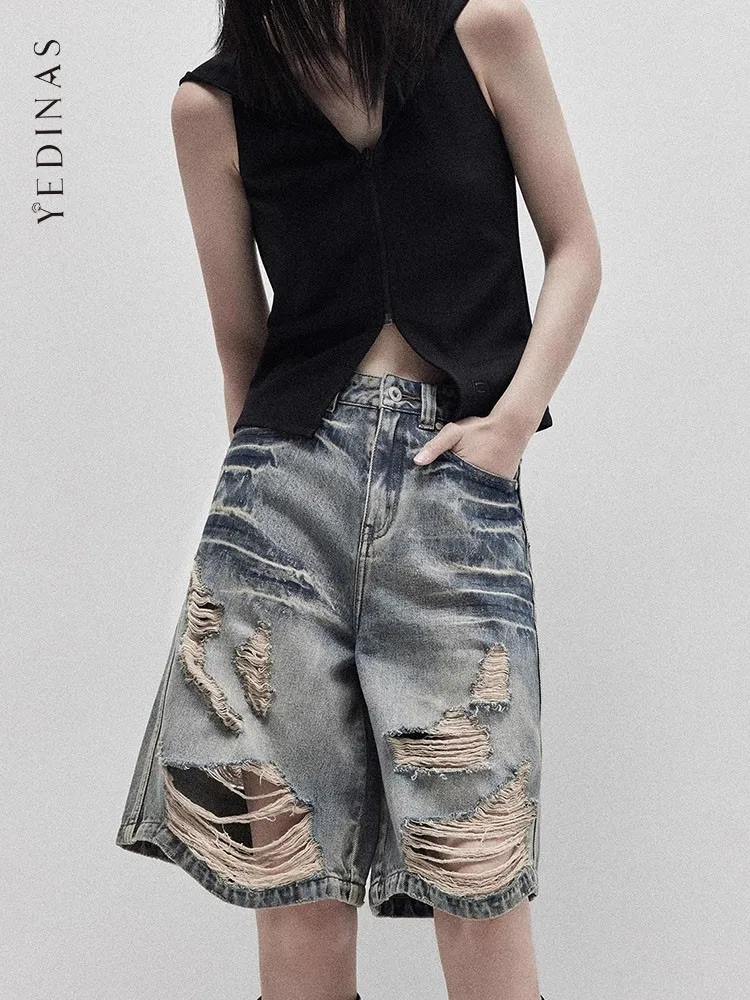 

Yedinas Ragged Loose Denim Shorts Women Korean Fashion Unisex Style Wide Leg Capris Vintage Summer Washed Short Jeans 4xl