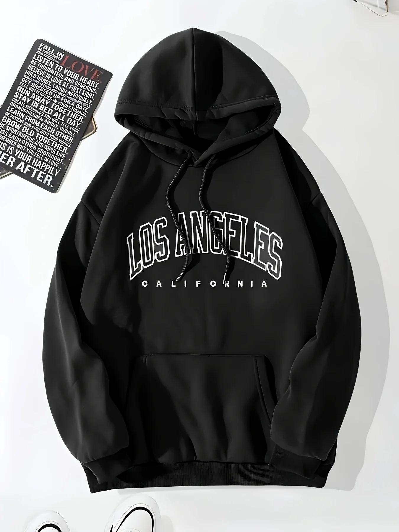 Women's letter pattern kangaroo pocket warm lining drawstring hooded sports sweatshirt