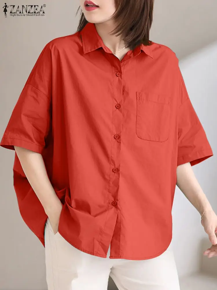 ZANZEA Oversize Casual Loose Shirts Women Short Sleeve Solid Color 2024 Summer Chemise Lapel Streetwear Korean Fashion Blouses