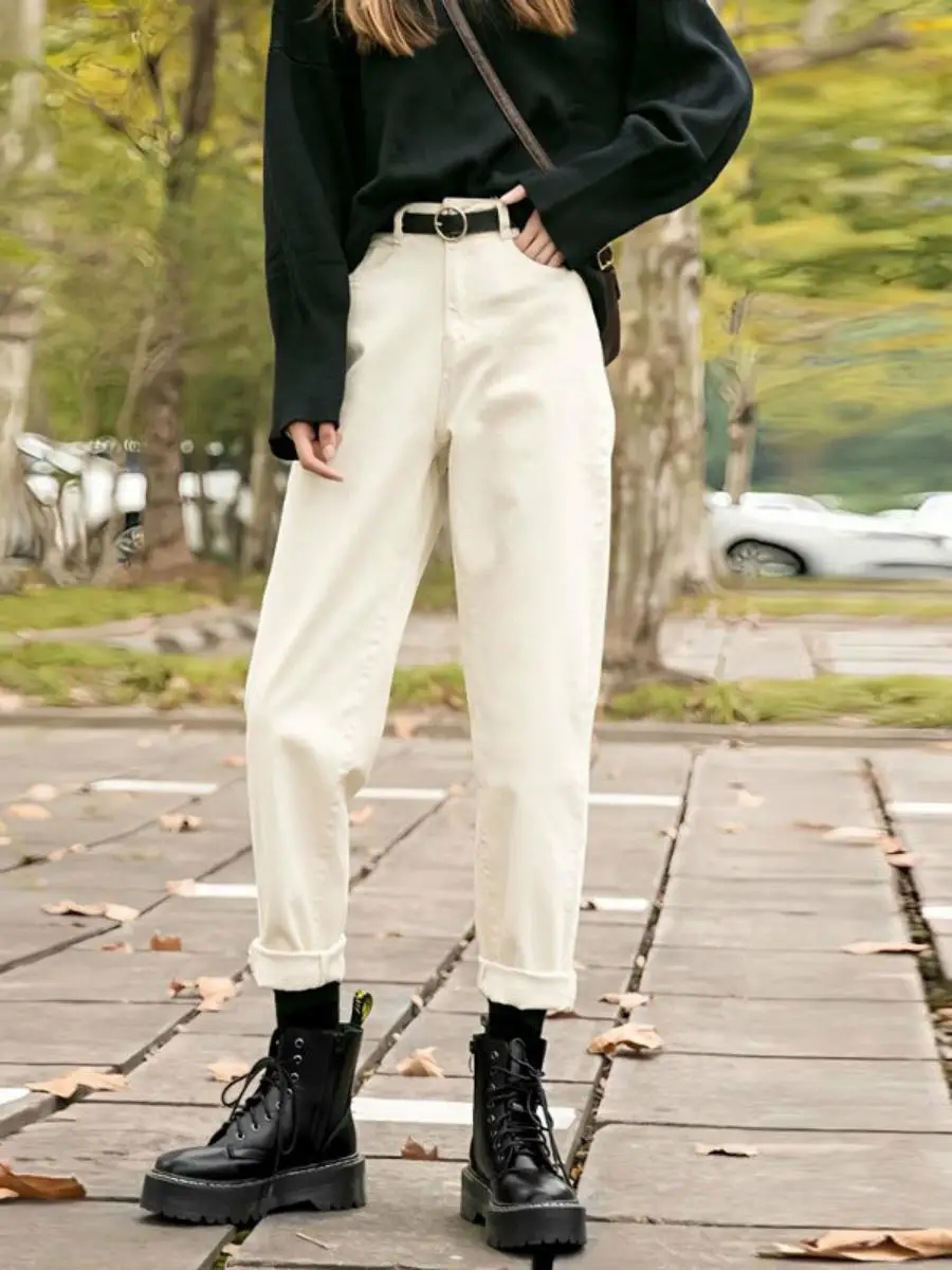 

Cherry Blossom Color Straight Leg Denim Jeans Women's High Waist Slimming Harem Pants Faion Casual Nine Point Rutabaga Dad ...