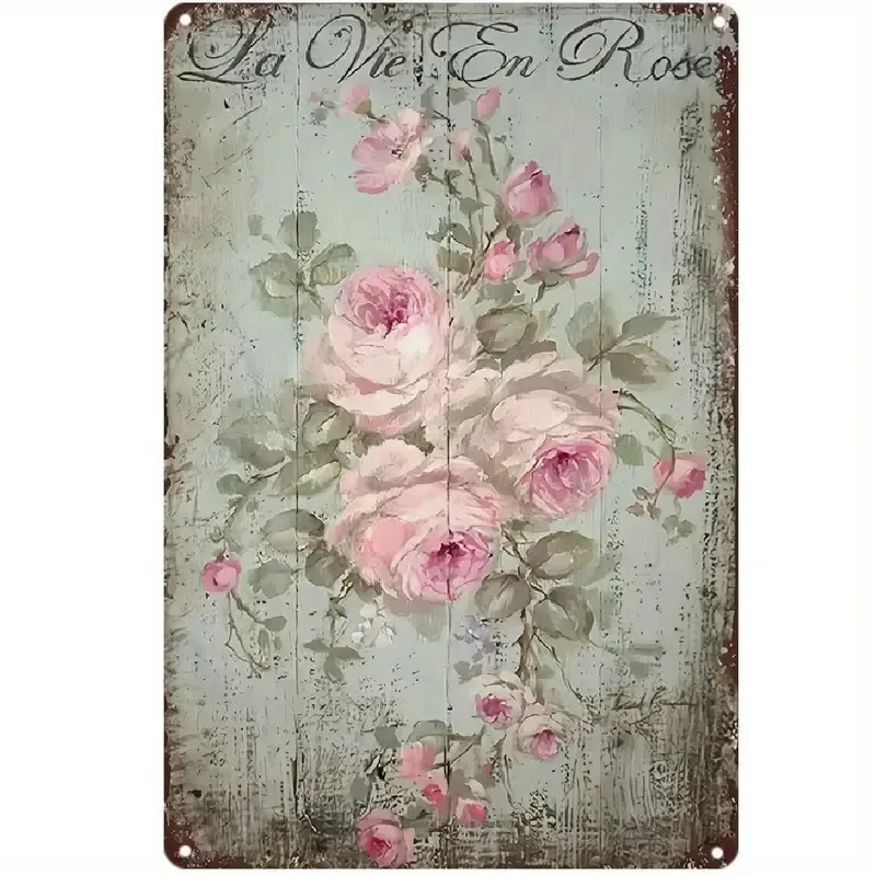 Vintage Blechschild „La Vie En Rose“ im französischen Landhausstil – Metall-Wandkunst im rustikalen Stil mit rosa Rosen und grünen Blättern, geeignet für