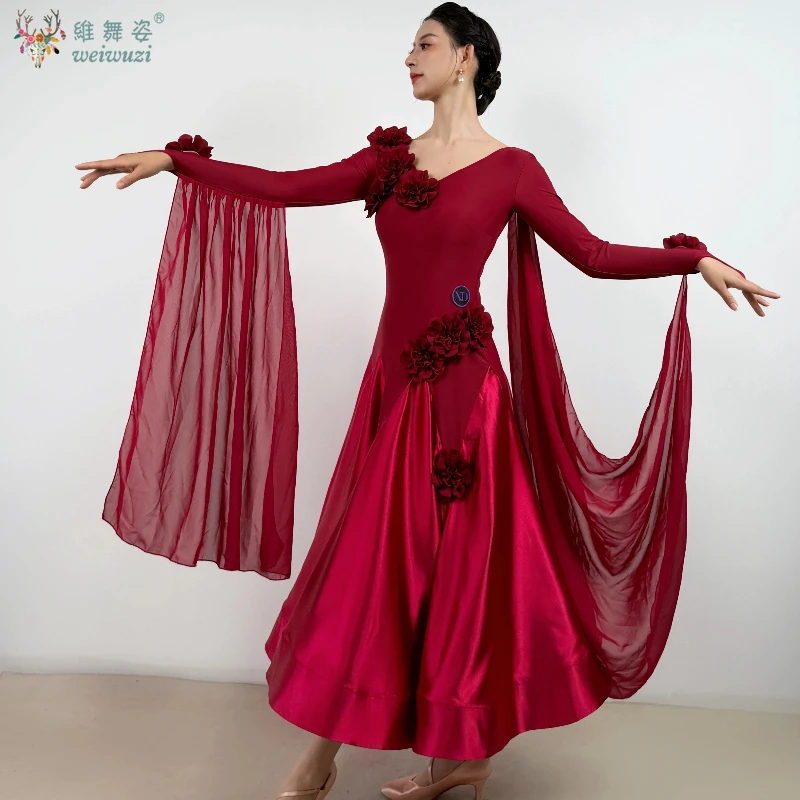 

Modern Dance Flower Decoration Wrapped Hips Elegant Red Big Swing Dresses Adult Waltz Tango Performances Dress Backless Attire