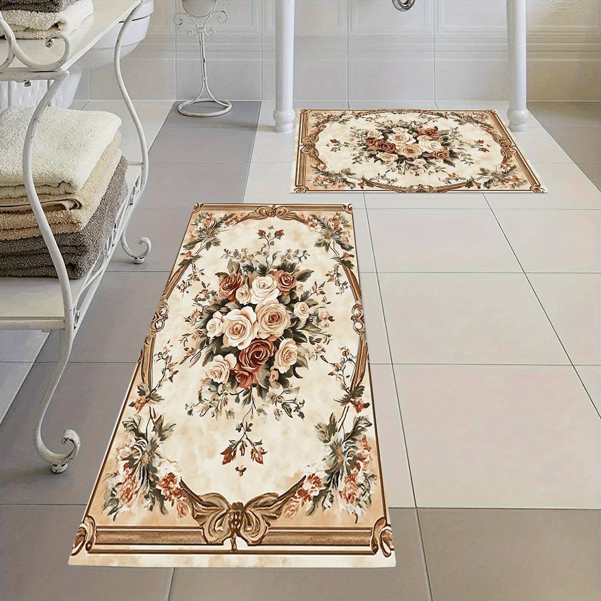 2pcs/ 3pcs Rose Bouquet in European Style Frame Printed Bathroom Floor Mat Set, Home Decoration Area Carpet, Machine Washable,