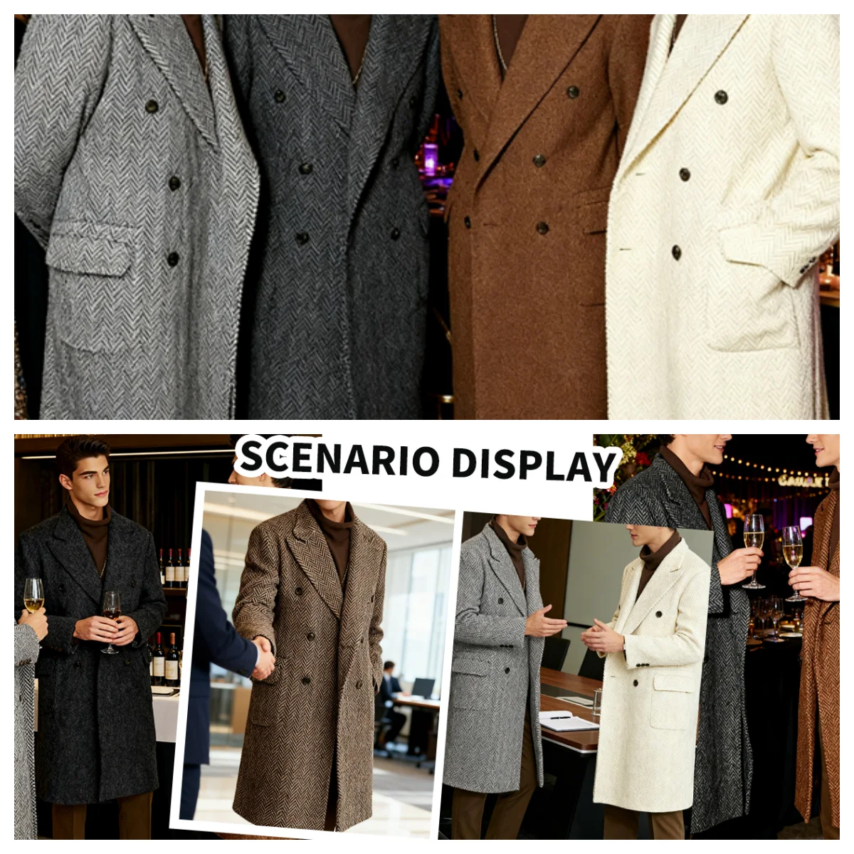 Wollmischung, Fischgrätenmuster-Tweed-Mantel, lange Jacke, Herren-Anzugjacke, dick, breites Revers, zweireihig, Hochzeitsbankett, Partykleidung