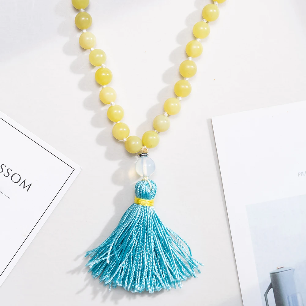 OAIITE Lemon Jade Natural Stone Necklace 108 Beads Mala Prayer Necklace Yoga Meditation Jewelry Tassels Pendant Necklace Gift