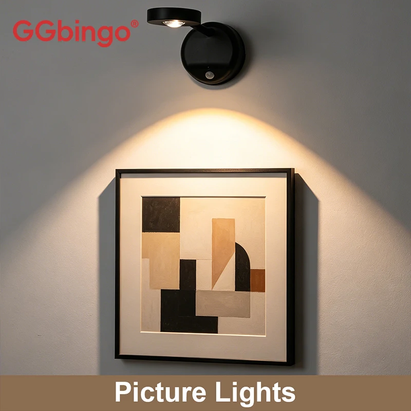 Luminária de Parede LED com Sensor de Movimento Humano, Recarregável via USB, Sem Fio, Regulável, para Iluminação de Obras de Arte, Pinturas e Quadros