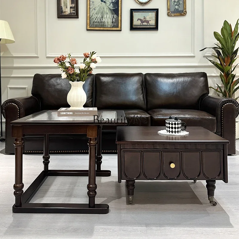 

yj5 French Retro Square Solid Wood Coffee Table for Living Room, American Style Small Apartment Tea Table, Extendable Modern