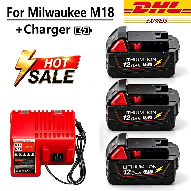 M18 For Milwaukee 18V Power Tool Battery, Charger BR XC M18B5 48-11-1860, Built-in 18650 Power Tool Battery 6.0Ah/9.0Ah/12.0Ah