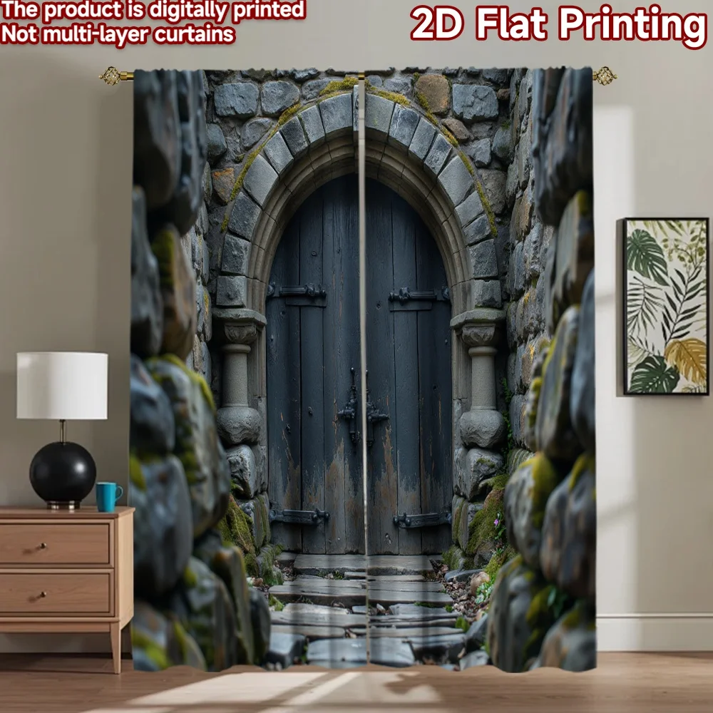 2D flat 2pcs Curtain Country Style Stone Arch Wooden Door Digitally printed polyester, colorfast Family Party Decoration Use for