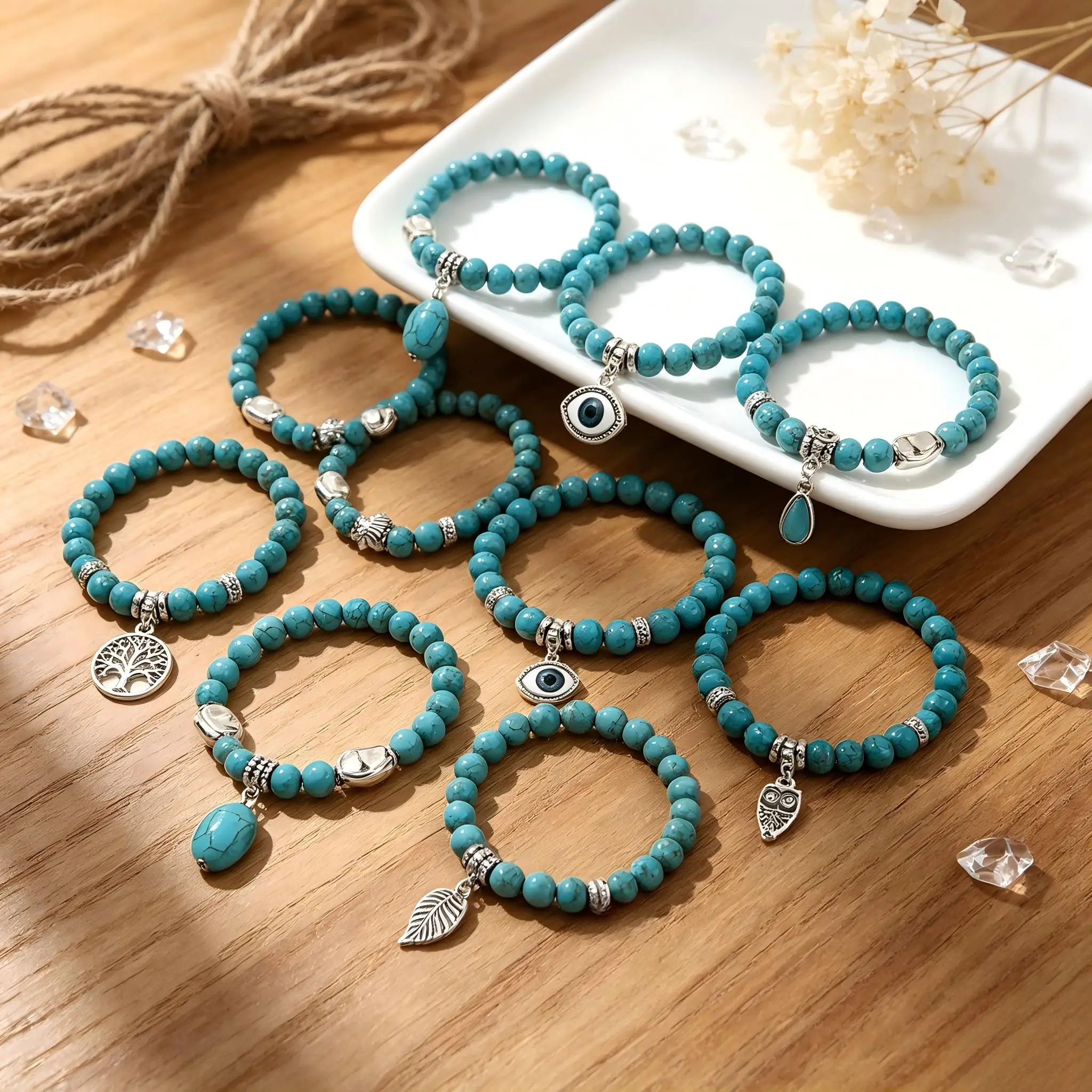 10Pc Turquoise Beaded Stackable Bracelet Set, Boho Multiple Charms Stretch Bracelets with Tree Pendant for Women Jewelry Gift