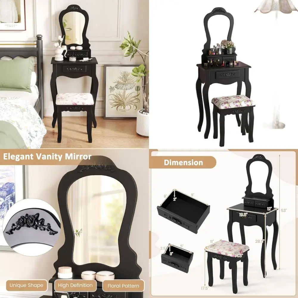 

Компактный черный туалетный столик с зеркалом, мягким сиденьем и 3 ящиками, идеально подходит для небольших помещений или в качестве туалетного столика для девочек.