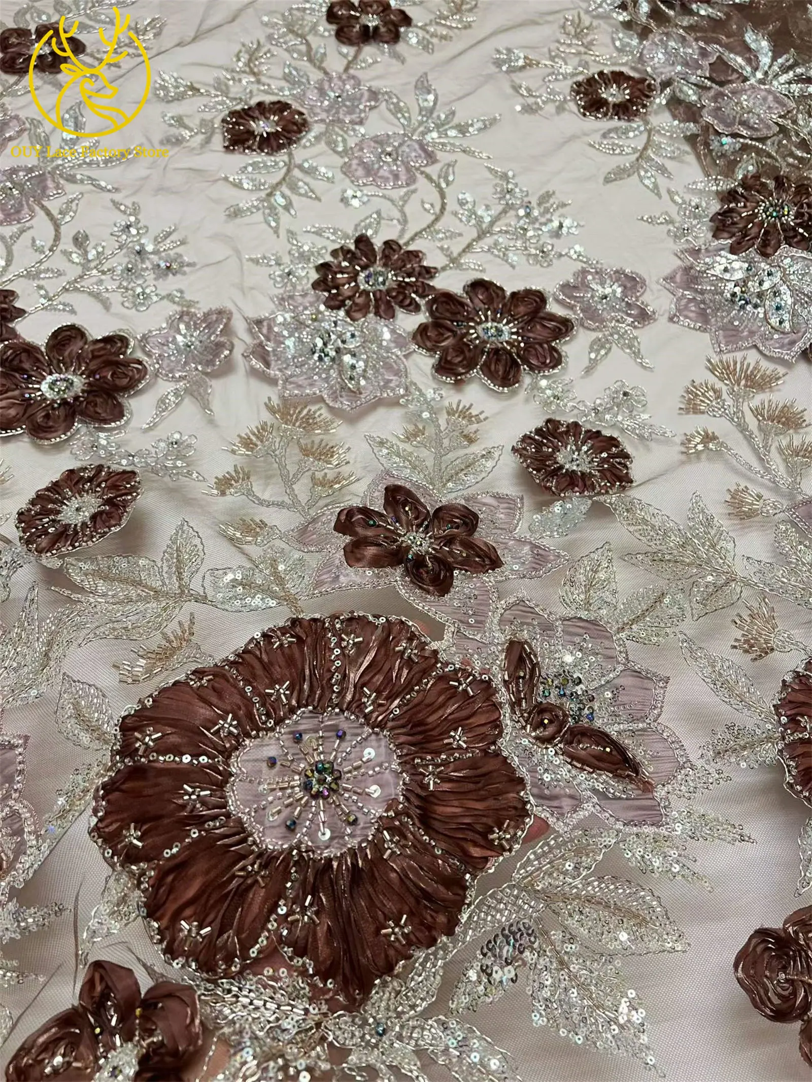 Modische 3D-Blumenstickerei Pailletten Tüll-Mesh-Spitze 2026 Nigerianische Perlen-Mesh-Spitze für Braut-Hochzeitskleider und Partykleider zum Nähen – Detail 15