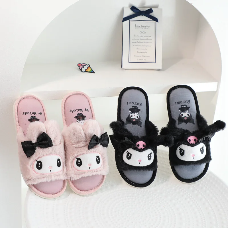 Sanrio Kulomi cute plush warm home women's shoes Melody cartoon sweet bow non-slip flat toe cotton slippers