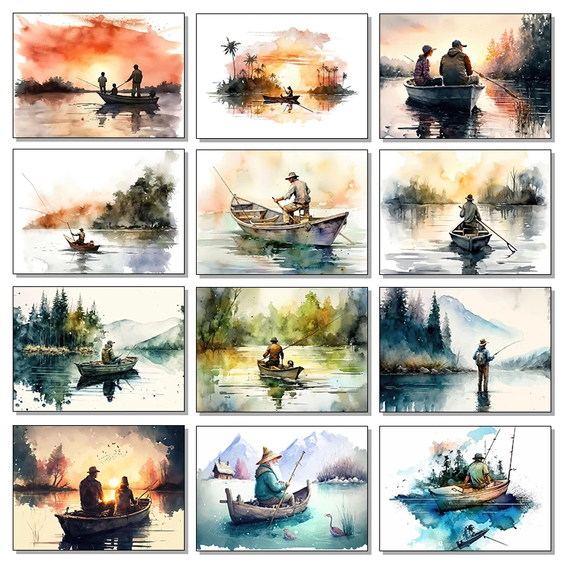 1pcs(No frame)Vintage Watercolor Fishing Posters Angler Lake Boat Fisherman Prints Canvas Printing Wall Art Picture for Livin