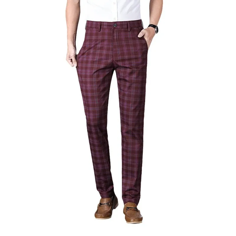 2026 Summer Men Classic Simple Checkered Straight Pants Casual Slim Fit Business Trousers Stretch Versatile Office Daily Wear