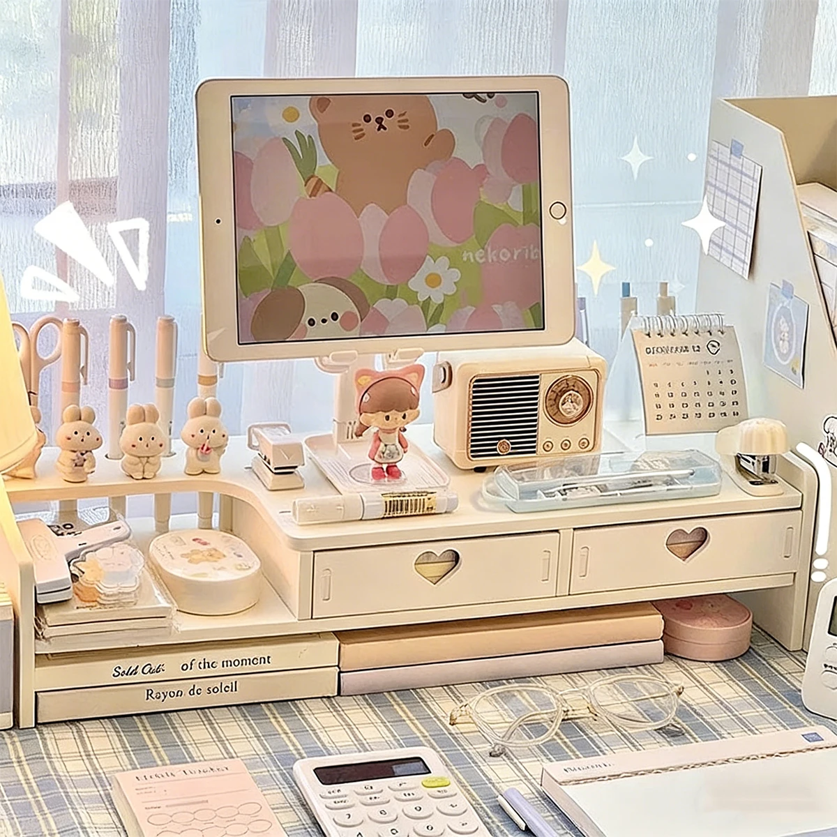 Desk Setup White - Supporto per monitor bianco con cassetto