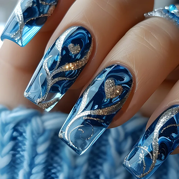 24 Uds. De uñas postizas Golden Stipes con pegamento, purpurina, patrones de amor azules, prensa larga de Ballet en uñas postizas, puntas de manicura usables