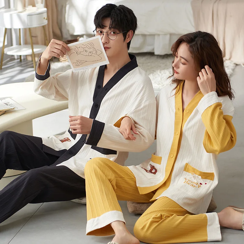 Autumn Spring Cotton Nightwear For Couple Men\'s Pajamas Set Women\'s Sleepwear Male Female Home Suit Pjs V Neck Home Service