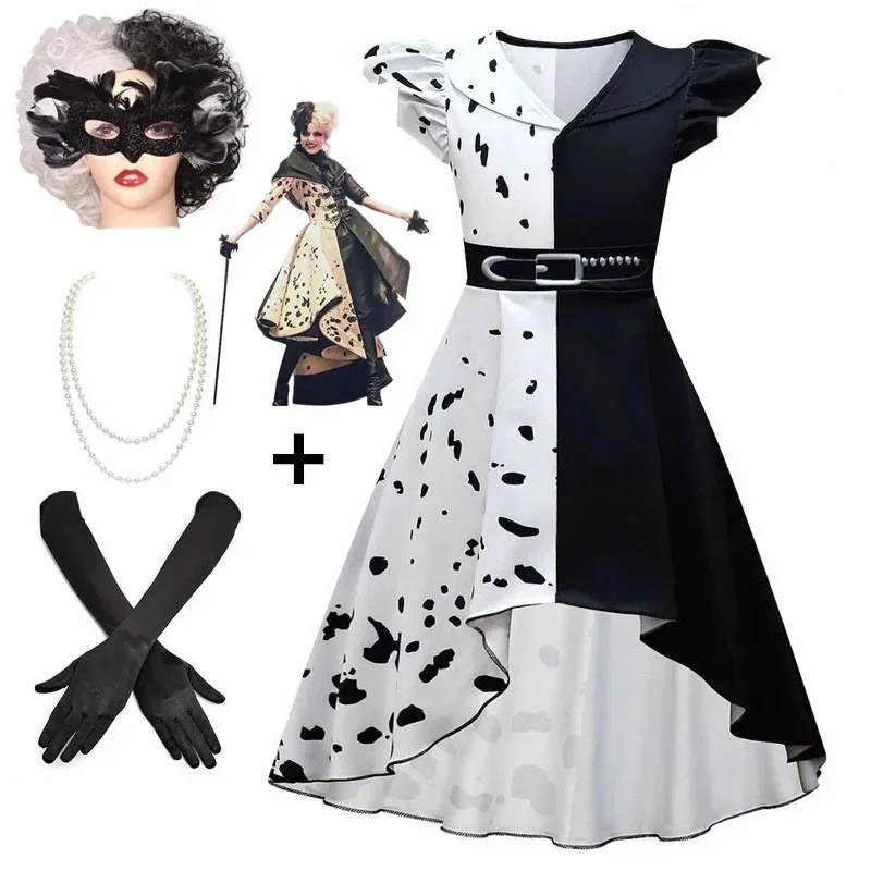 Halloween C-Cruella de telescopic cosplay costume girls Carnival party suits gown black white maid dress kids Cruella wig dress